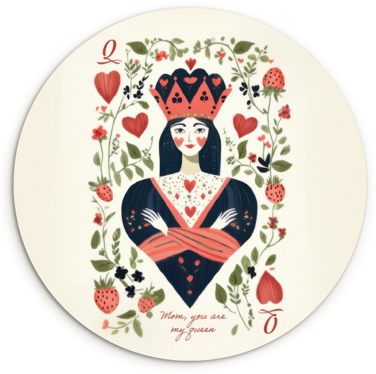 WallCircle Wandcirkel 150x150 cm - Muurcirkel Speelkaart - Hartenkoningin - Bloemen - Hartjes - Muurdecoratie woonkamer - Wanddecoratie slaapkamer - Kamer decoratie accessoires - Ronde schilderijen Speelkaart - Hartenkoningin - Tekst