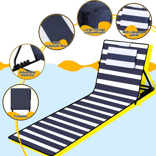 Strandstoel strandmat Strandligbed Strandmat met verstelbare rugleuning - Met hoofdkussen Blauw wit 1x 158cm — afbeelding 3