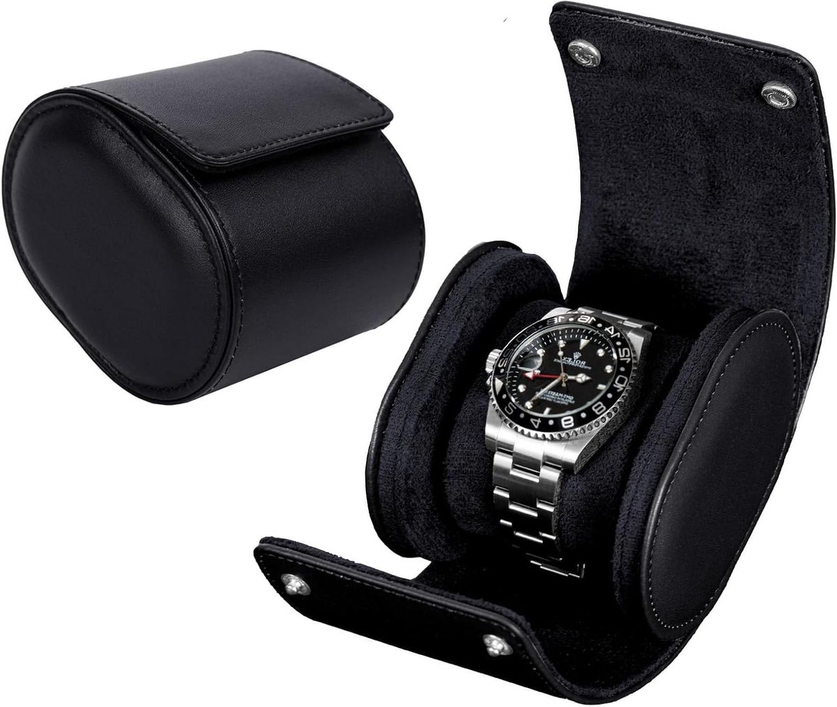 Horloge Roll Travel Case Echt Lederen Enkele Box voor Mannen en Vrouwen met Suede Bescherming Roll Opslag Geschenkdoos (Zwart en Zwart)
