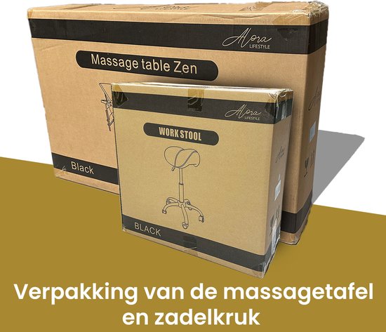 Alora Massagetafel Zen Budget + Zadelkruk zwart/chrome - incl. opbergtas - Max. Draagvermogen 250 KG - 8 Hoogtestanden - Houten Onderstel - Tabouret – Zwart/Chrome - kruk – kapperskruk - massage bed