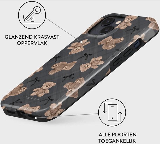 Telefoonhoesje met een patroon van bruine teddyberen en zwarte strikjes op een grijs ruitje.