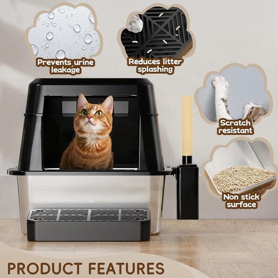 FRETONBA Kattenbak Roestvrij Staal XXL Flip Top, Kattenbak 26L Grote