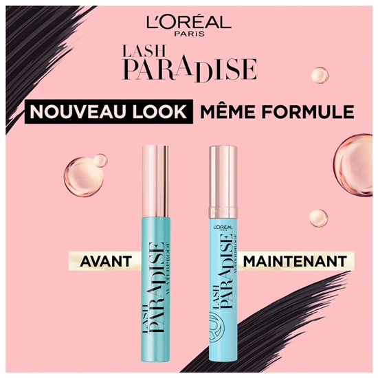 Twee lichtblauwe Lash Paradise Waterproof mascara's met gouden dopjes. "Nouveau Look Même Formule".