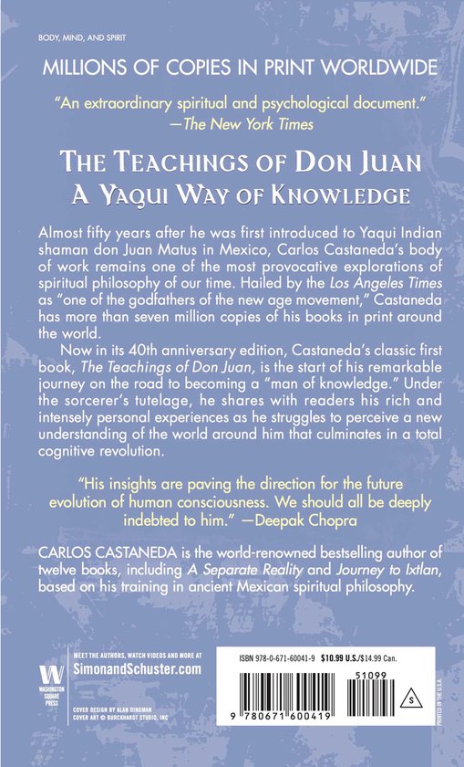 Achterkant van het boek 'The Teachings of Don Juan A Yaqui Way of Knowledge' met ISBN, prijs en tekst over de inhoud.