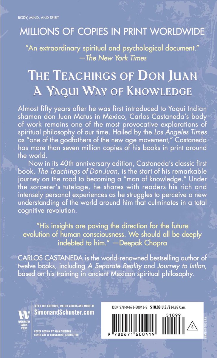 Achterkant van het boek 'The Teachings of Don Juan A Yaqui Way of Knowledge' met ISBN, prijs en tekst over de inhoud.