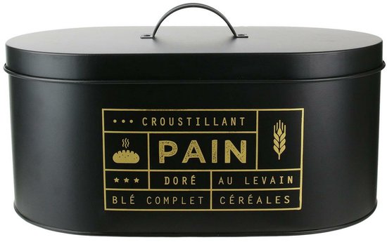 Boîte à pain métallique noire avec inscription dorée 'Pain' et illustrations de pain et de blé.