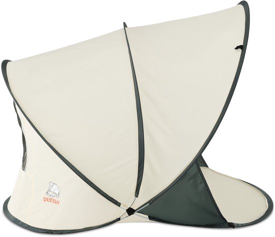 Crème-kleurige Deryan strandtent met donkergrijs frame, open aan de zijkant.