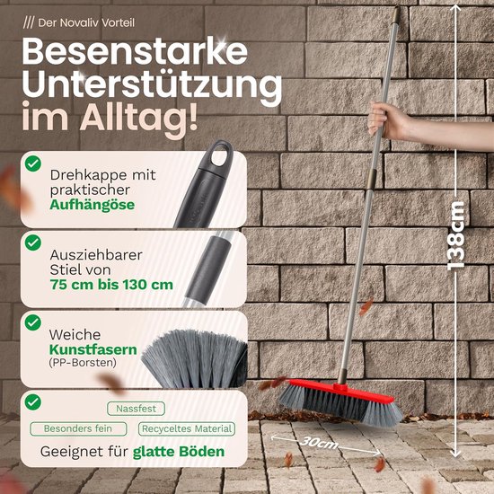 Novaliv Bezem 30 cm FIJNE SYNTHETISCHE HAREN Bezem Rood Zaalbezem met steel Telescopische steel 130 cm - Zaalbezem met draad geschikt voor 22mm bezemstelen - Spinnenwebbezem Magische Bezem van Novaliv — afbeelding 3