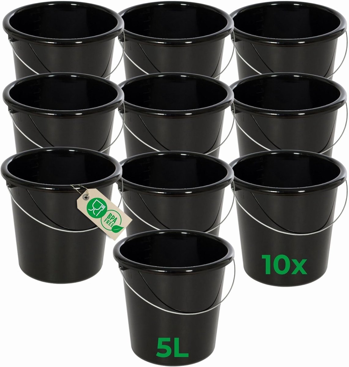 Novaliv 10 stuks emmer 5L zwart met maatverdeling - schoonmaak emmer 5 liter? 22,5 cm Praktische alleskunner met schaalverdeling voor huishouden & tuin ideaal als huishoudemmer, wateremmer, dweilemmer, emmer