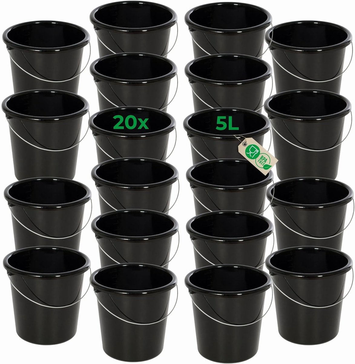 Novaliv 20 stuks emmer 5L zwart met maatverdeling - schoonmaak emmer 5 liter? 22,5 cm Praktische alleskunner met schaalverdeling voor huishouden & tuin ideaal als huishoudemmer, wateremmer, dweilemmer, emmer
