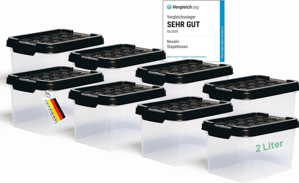 Novaliv 8x Opbergdozen met deksel Klein 2 L Antraciet Nestbaar Stapelbaar Kunststof dozen met clipsluiting Kunststof BPA-vrij 19 x 14 x 11 cm Transparant