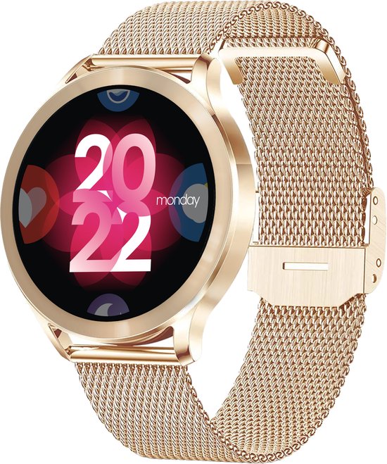 Montre connectée Xssive SW10 pour femme - AMOLED - Cardiofréquencemètre - Or rose avec bracelet milanais et Siliconen
