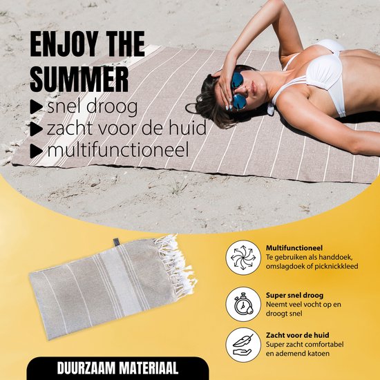Eleganzzz Hamamdoek 90x180cm - Sand - Saunadoek - Strandhanddoek - Yogadoek - Spadoek - Omslagdoek - Strandlaken - Zacht - Lichtgewicht - Sneldrogend