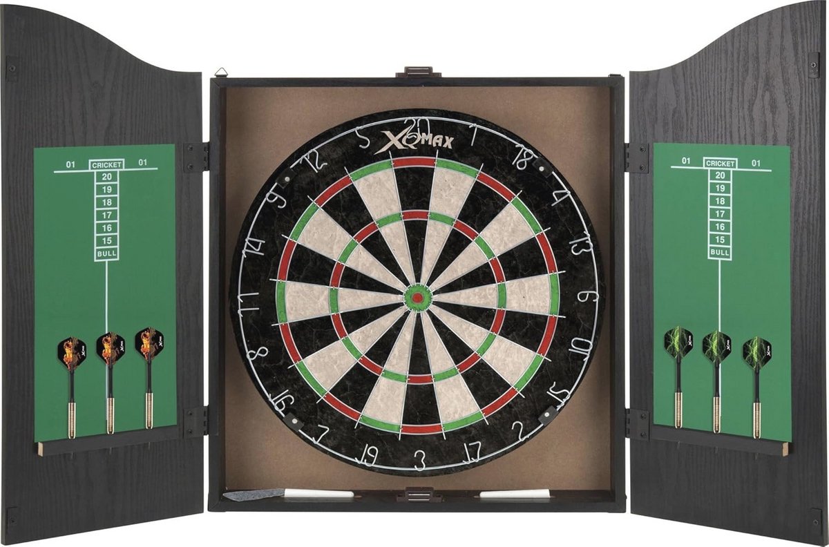 Dartcenter inclusief kast en dartbord met 2 sets dartpijlen - zwart