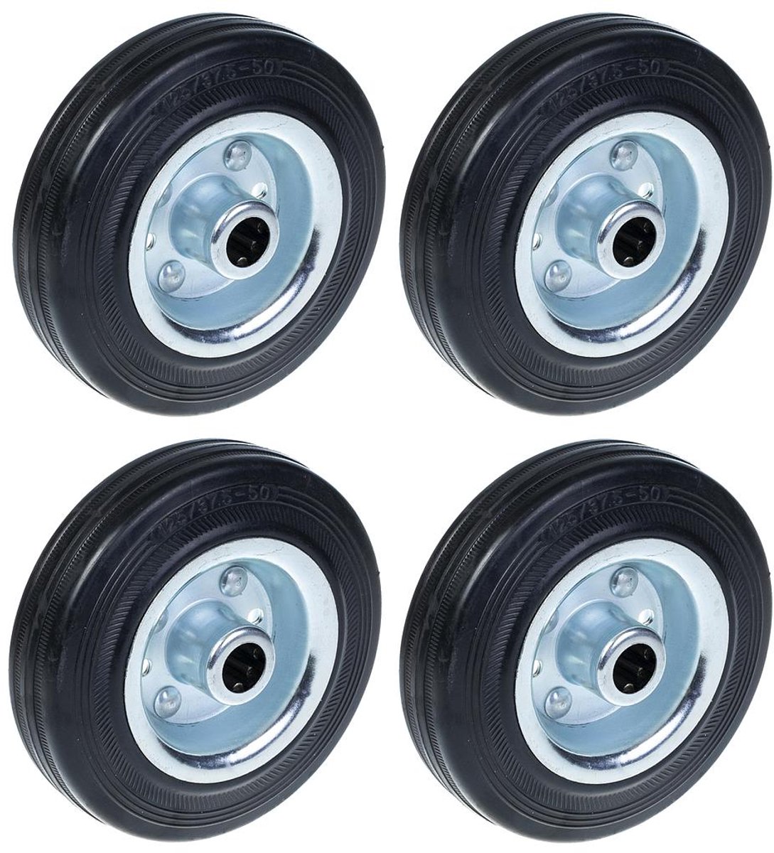 125 mm (5 inch) zwart rubberen wiel met hart van geperst staal, 120 kg - Set van 4