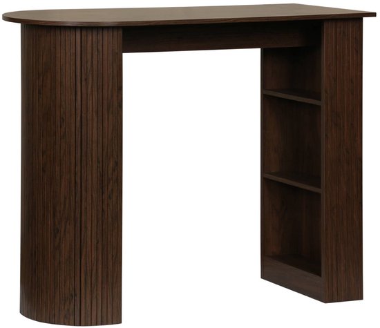 Donkerhouten bartafel met verticale ribbels en drie planken aan de rechterkant. Op een witte achtergrond.