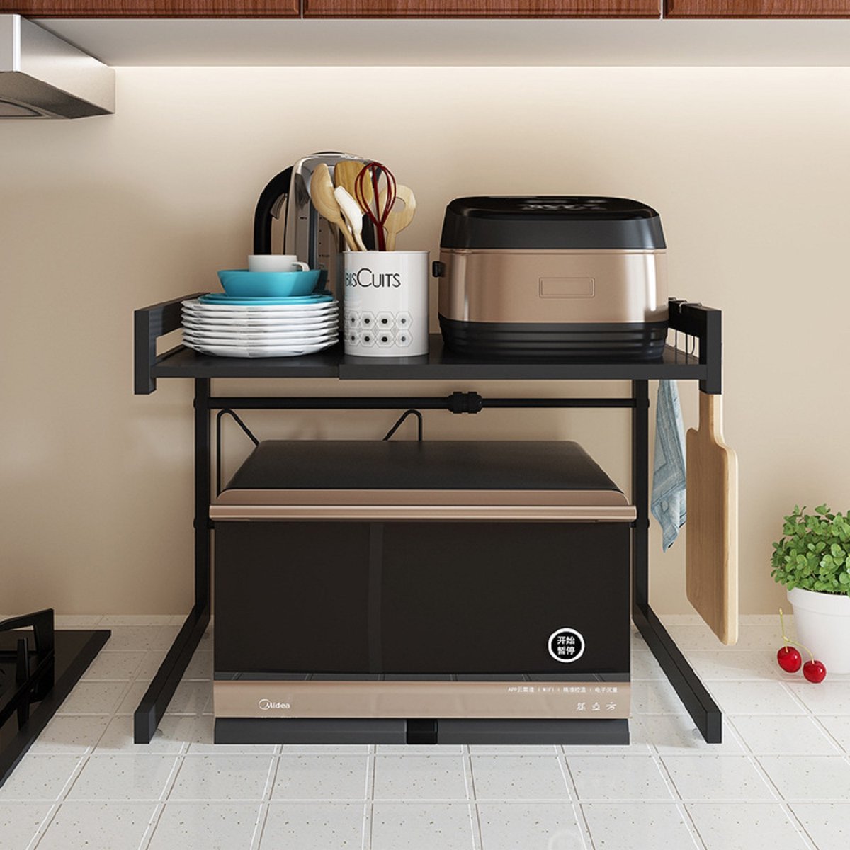 CHIWIN Magnetron Rek - Keuken Organizers - Magnetron Rekstandaard - Uitschuifbaar (36-57cm) - Draagt tot 50kg - Met 4 Haken - Eenvoudig te Installeren - Zwart
