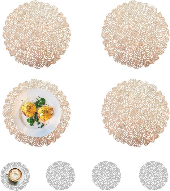 comfoyar Gouden Ronde Metallic Bloem Placemats Set van 6, 38x38cm Niet