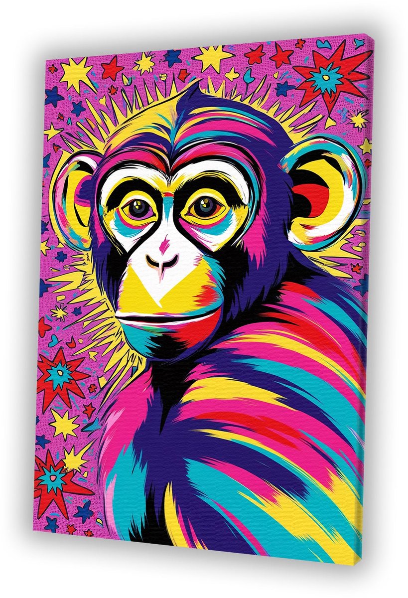 Kleurrijke abstracte aap en sterren - Aap canvaskunst - Muurdecoratie canvas dier - Pop Art - Muurdecoratie modern - Schilderijen - canvas 75x100 cm