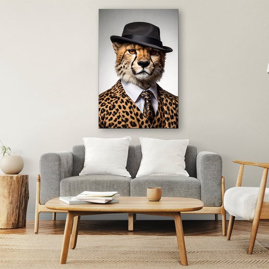 Guépard en costume élégant et chapeau - Portrait de guépard - Peintures sur toile animaux - Surréalisme - Décoration d'intérieur - Décoration de salon - toile 40x60 cm