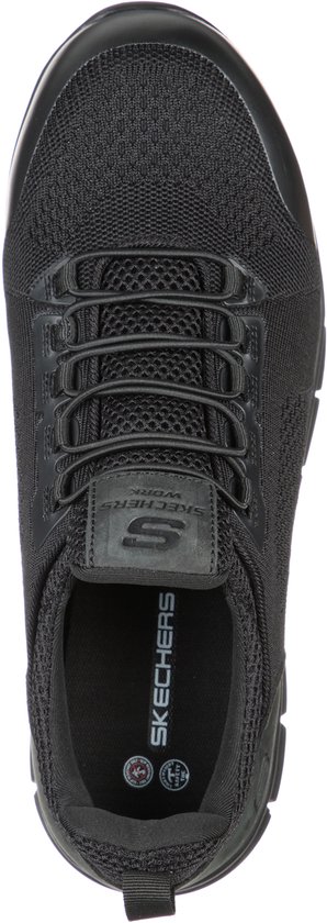 Zwarte Skechers werkschoen, bovenaanzicht. Mesh bovenwerk, verstevigde neus.