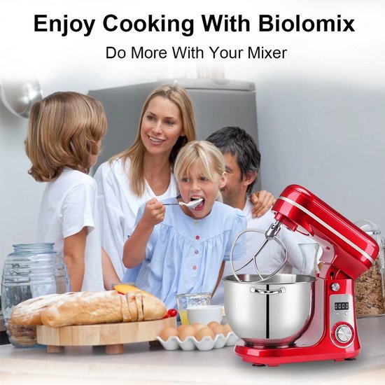 Keukenmixer - Stand Mixer - Deegmixer - Foodprocessor - Elektrische Mixer - 6 Snelheden - 6 Liter RVS Mengkom - Garde - Klopper - Deeghaak - Stil - Krachtig - Met LED-display - BPA-vrij - Antislip - Rood van Royalty Line — afbeelding 4