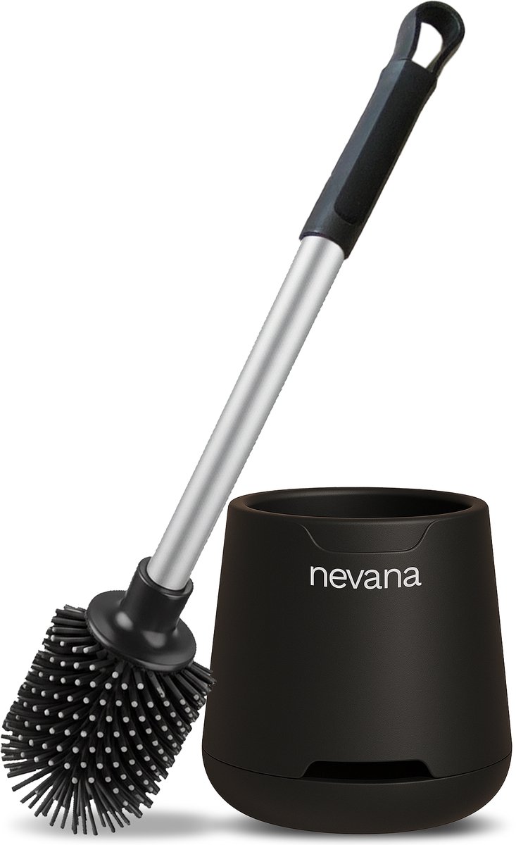 Nevana Luxe Toiletborstel met Houder - WC borstel - Siliconen - WC reiniger - Sneldrogend, hygiënisch en Antibacteriële werking - Zwart / zilver