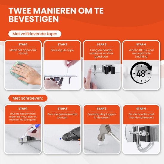 TTD® Luxe XXL Bezemhouder en Bezem Ophangsysteem voor Gereedschap - Bezemhouder Zelfklevend - Gereedschapshouder - Schoonmaak - 5 Ophanghaken & 6 Gereedschapsklemmen - Opbergsysteem - Tuingereedschap - Klussen - 62 CM - RVS - Inclusief 3M tape van TTD® — afbeelding 5