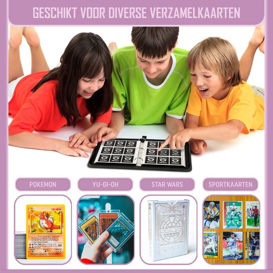 Kinderen bekijken een open map met verzamelkaarten. Voorbeelden van Pokemon, Yu-Gi-Oh, Star Wars en sportkaarten.