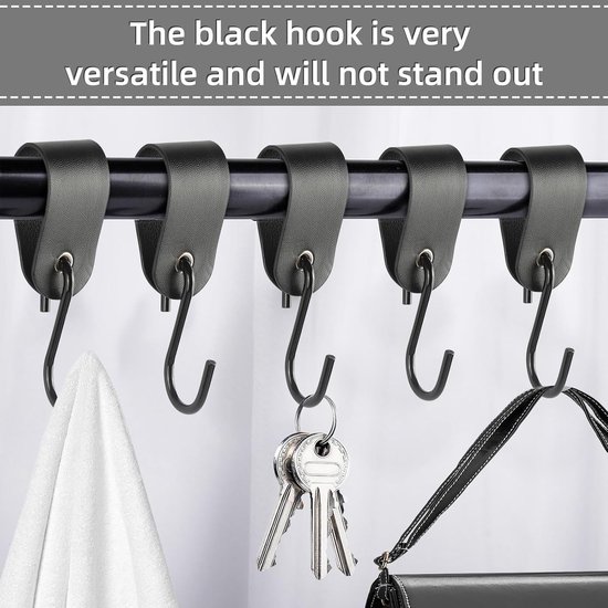YUUTIAL Kledinghaken, leren lus, leren haken, S-haken, garderobehaken (zwart