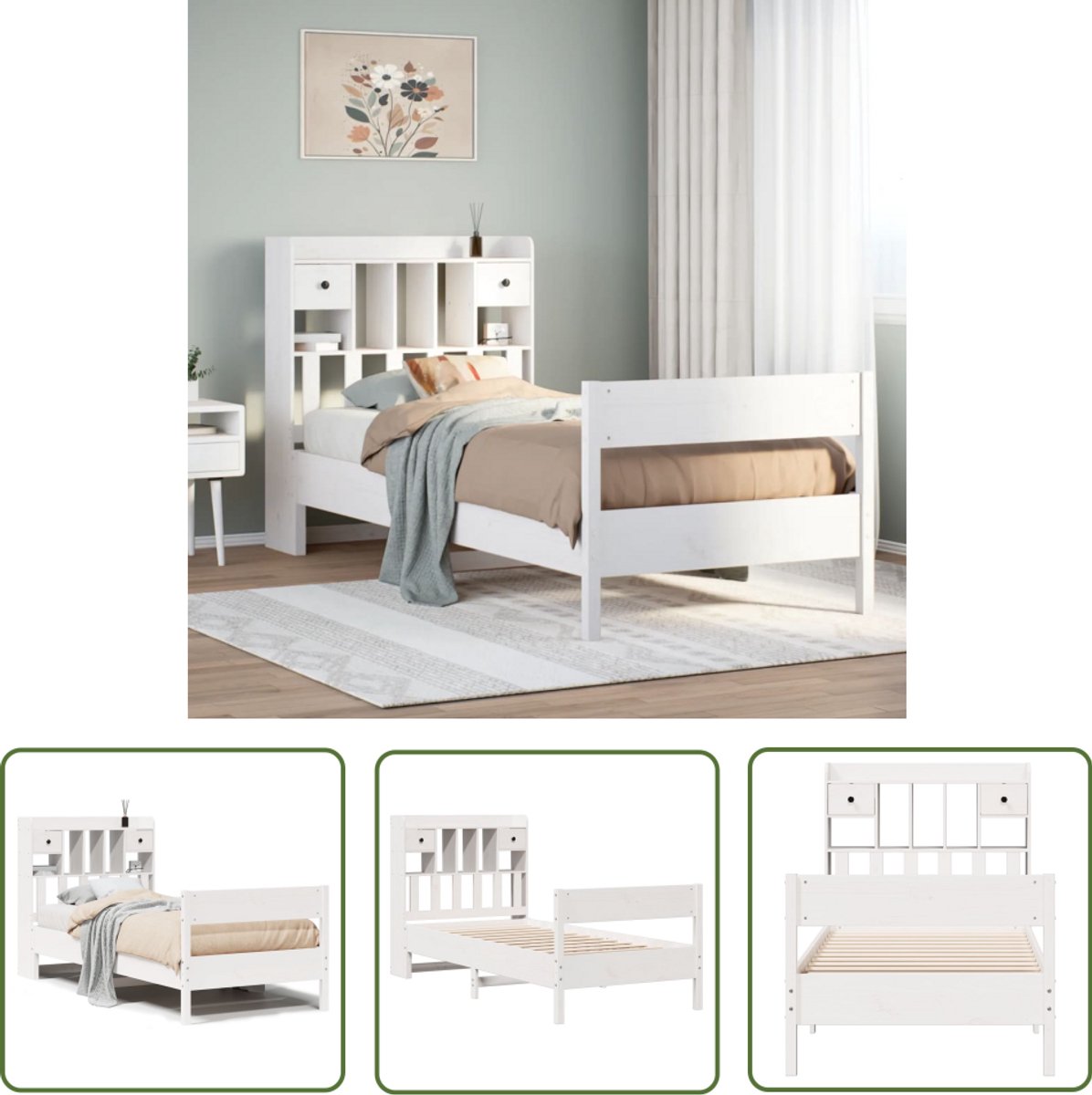 The Living Store Bed met boekenkast zonder matras grenenhout wit 90x200 cm - Slaapbank - Houten Bed - Tweepersoonsbed - Kinderbed - Stapelbare Bedden