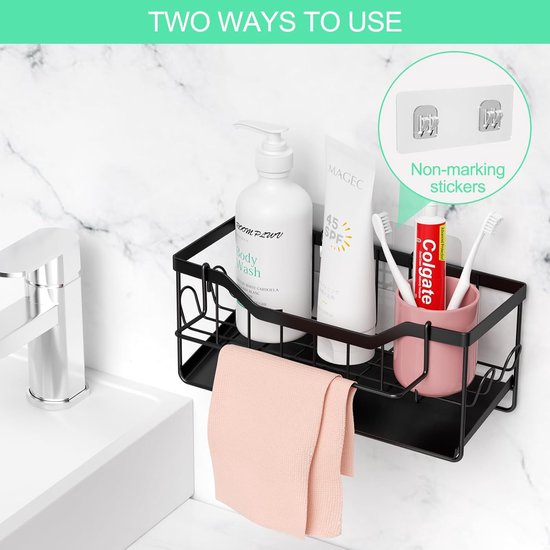 Anevios Keukenspoelbak-organizer, zwart, multifunctioneel, 2-in-1 keukenafvoer, rek, geen boren, sponshouder, droogrek, afvoerpan voor spons, spoelbakstop, borstel en doek
