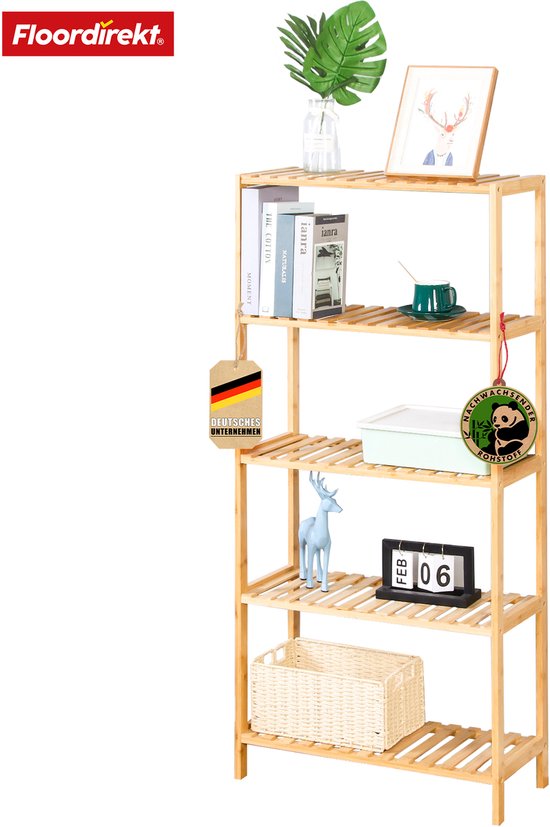 Étagère en Bamboe FLOORDIREKT - Étagère étroite sur pied pour salle de bain, chambre, salon - Étagère en bois avec 5 Planches - Dimensions de l'étagère 60 x 26 x 130 cm - Ohio