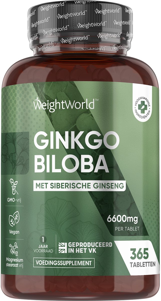 Goedkoopste WeightWorld Ginkgo Biloba tabletten - 6600 mg - 365 vegan tabletten voor 1 jaar - Met Siberische Ginseng