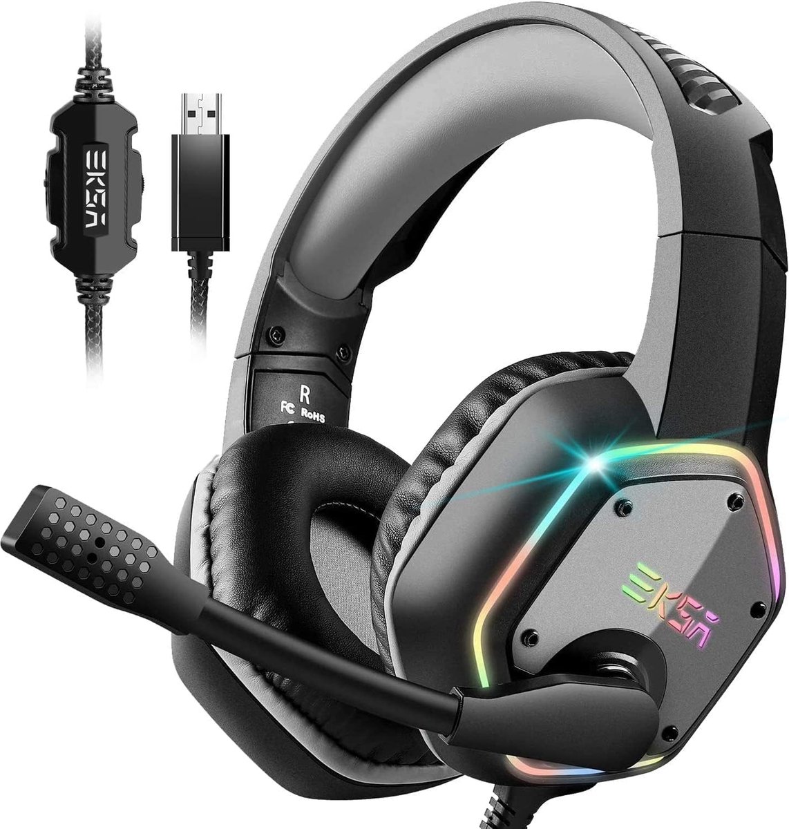 USB-gaming-headset voor pc - In-ear hoofdtelefoon met ruisonderdrukkende microfoon, 7.1 surroundgeluid en RGB-verlichting voor PS4/PS5