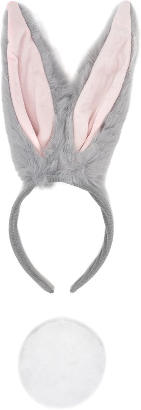 KIMU Serre-tête Lapin Longues Oreilles Staart Grijs - Diadème Oreilles de Lapin - Oreilles Bugs Bunny Haas de Pâques Pasen Festival