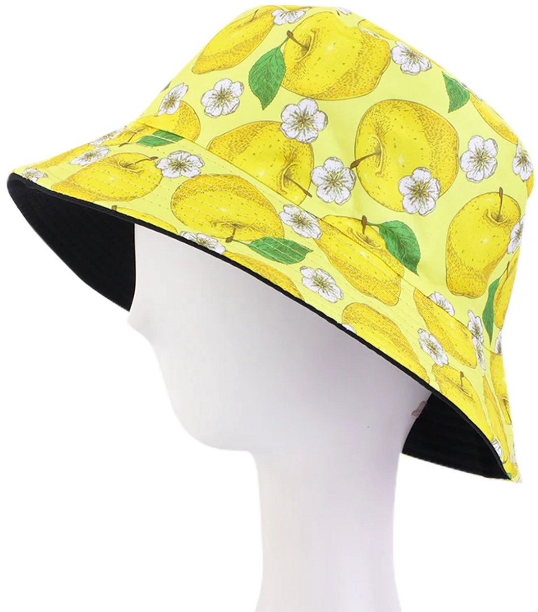 Bucket Hat - Omkeerbaar Vissershoedje - Dubbellaags - Appelen Geel - Reversible naar Zwart - Maat 58 cm - Heren - Dames - Festival Accessoire - Festivalhoedje - Regenhoedje - Zonnehoedje - Emmerhoed - Hoed - Unisex