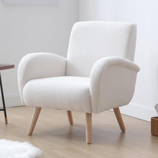 chairus Fauteuil van imitatiebont voor woonkamer, gestoffeerde kuipstoel, enkele gelegenheidsaccent stoel met metalen poten (wit
