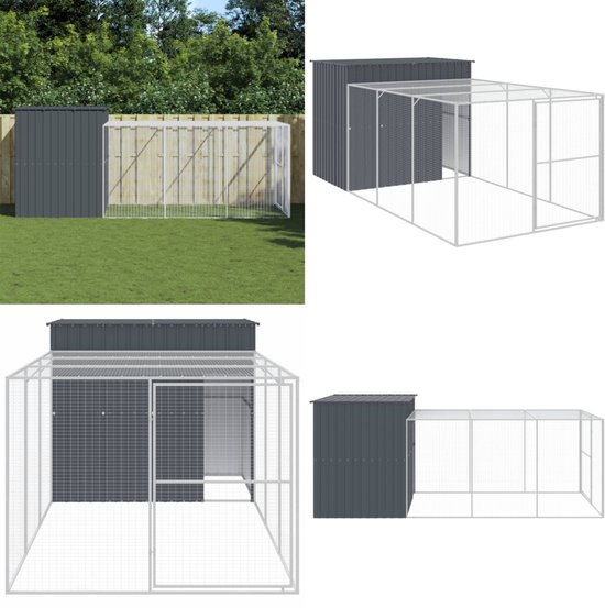 vidaXL Hondenhok met ren 214x457x181 cm gegalvaniseerd staal antraciet - Hondenhok - Hondenhokken - Hondenkennel - Hondenhuis