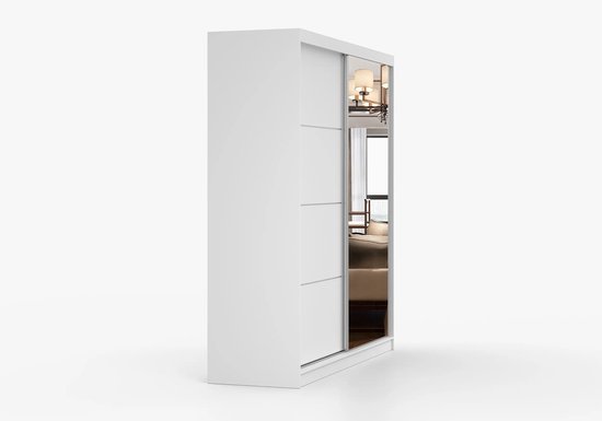 Armoire Posa 42 - Armoire 2 portes coulissantes avec miroir, 3 tiroirs et tringle à vêtements - Armoire pour chambre, hall et salon - Armoire moderne avec grand espace de rangement (Wit)