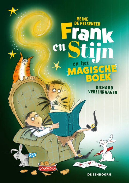 Boek kaft: Frank en Stijn en het magische boek. Een jongen leest, met een kat en konijnen.
