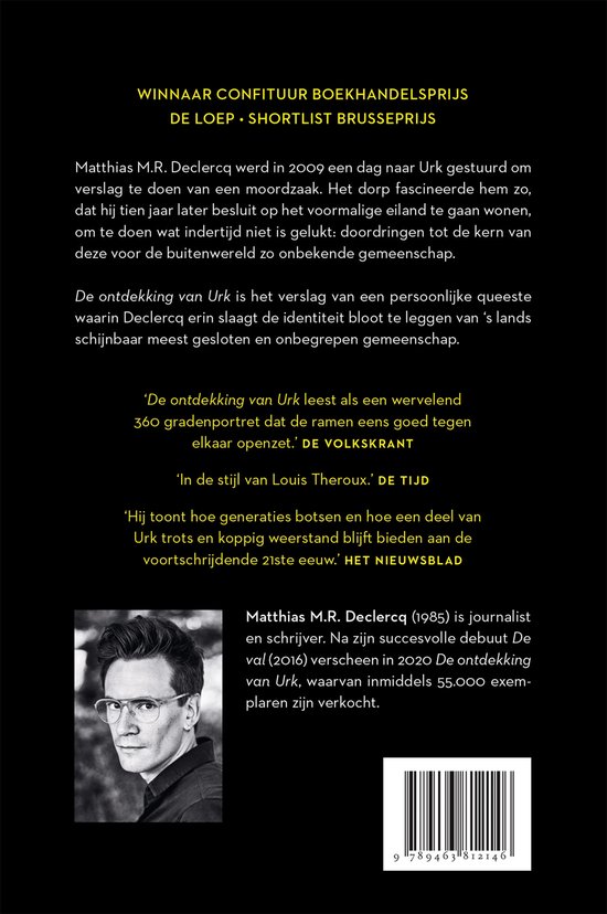 Achterkant van het boek 'De ontdekking van Urk' met een portretfoto van de auteur Matthias M.R. Declercq en de ISBN-barcode.