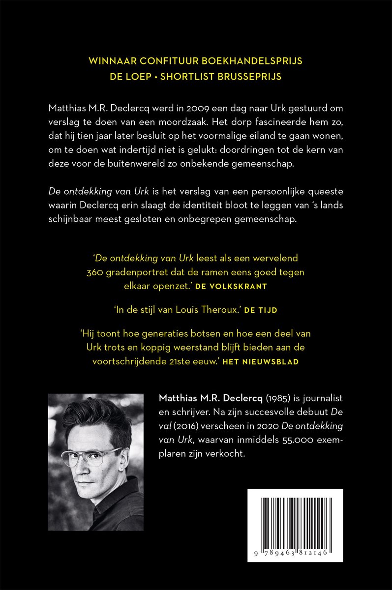 Achterkant van het boek 'De ontdekking van Urk' met een portretfoto van de auteur Matthias M.R. Declercq en de ISBN-barcode.