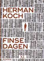 Boek 'Finse Dagen' van Herman Koch, met een omslag van berkenstammen en een silhouet van een man.
