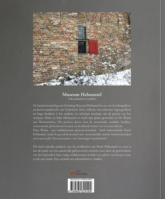 Museum Helmantel. Schoonheid en traditie. Boekomslag met bakstenen muur, besneeuwde struiken en tekst.