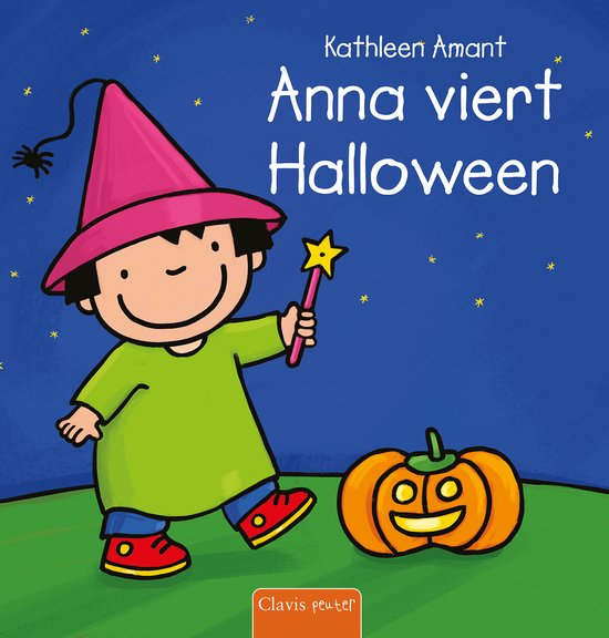 Boekomslag "Anna viert Halloween". Meisje met heksenhoed en toverstaf naast pompoen.