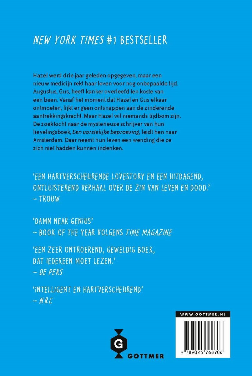 Boekrug met de titel 'Een weeffout in onze sterren' en citaten van The New York Times.