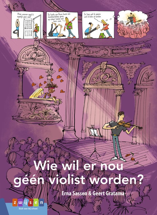 Boekomslag met illustratie van een vioolspeler op een podium voor een publiek. Titel: Wie wil er nou géén violist worden?
