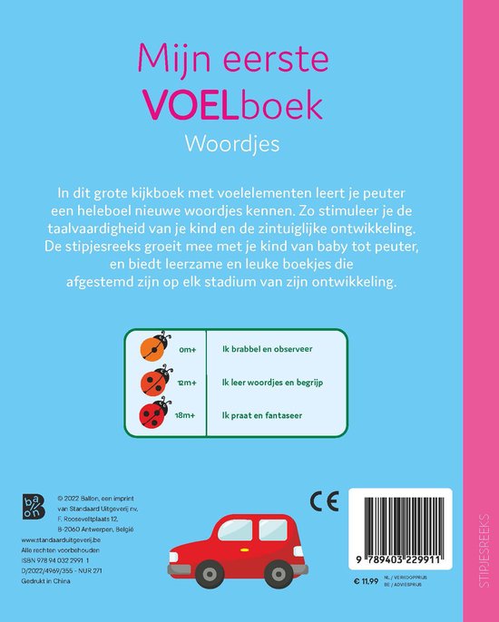Achterkant van 'Mijn eerste voelboek: Woordjes', met tekst, een rode auto en een prijs.