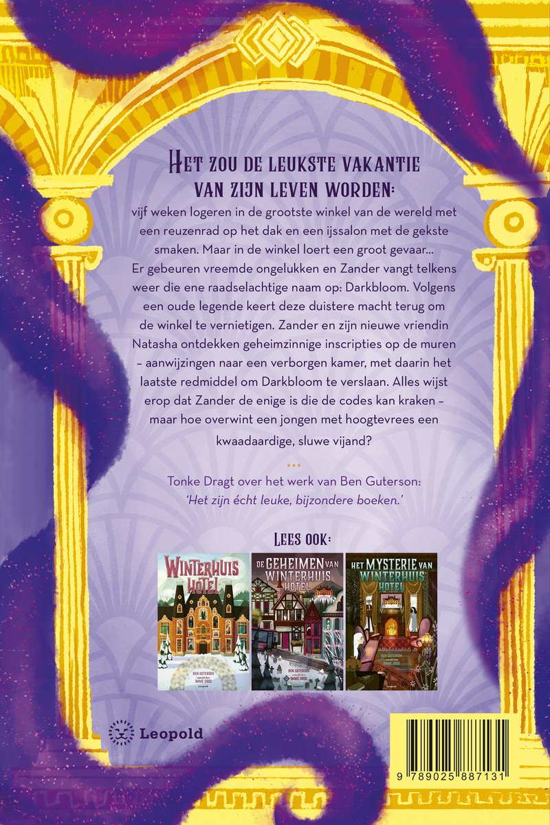 Achterkant van een boek met een illustratie van een gebouw, met paarse en gele decoraties. Tekst en titels van andere boeken.